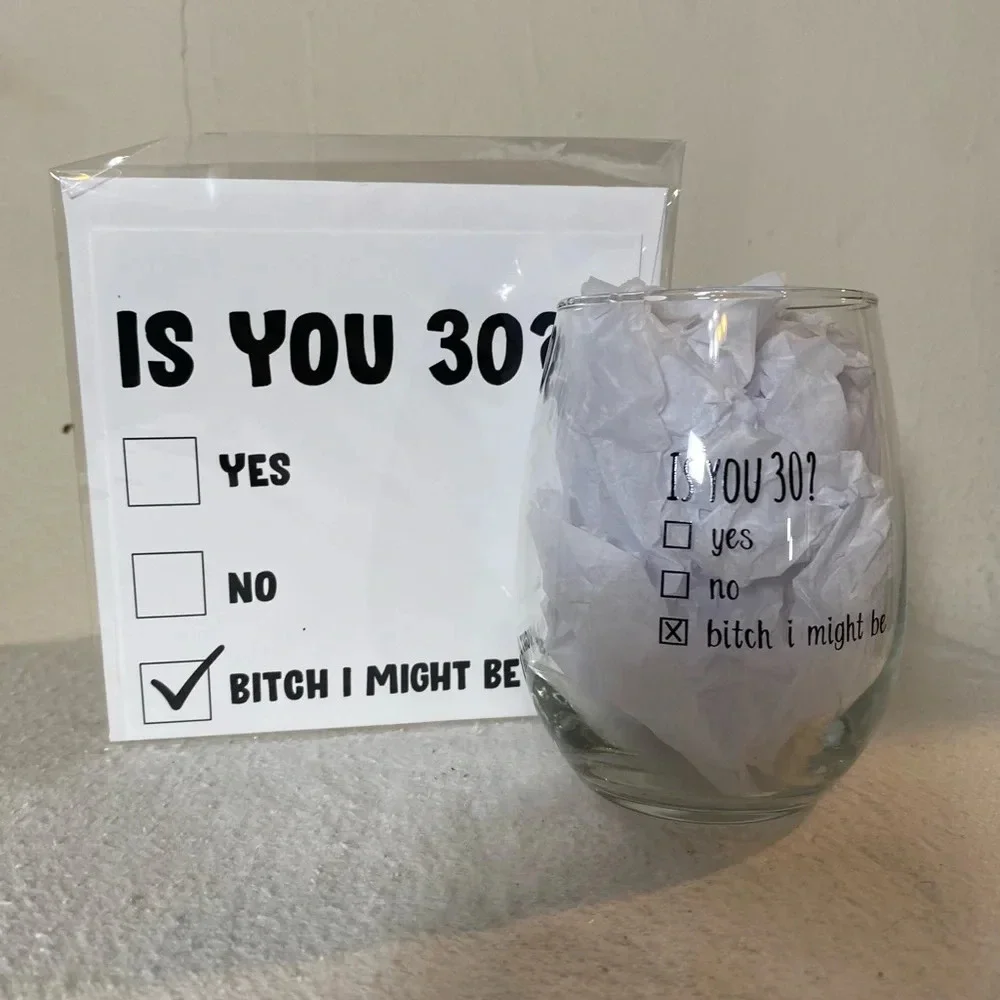 30th Birthday Is You Thirty Bday Gift Set of Two Items Wine Glass Greeting Card